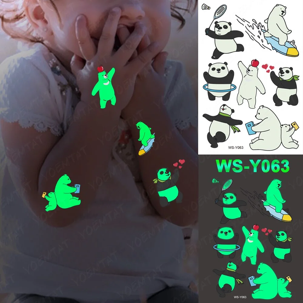 Luminous Glitter Tattoo Stickers Panda Polar Bear Children Temporary Waterproof Animal Tatto Body Art Cute Kid Cartoon Fake Tato