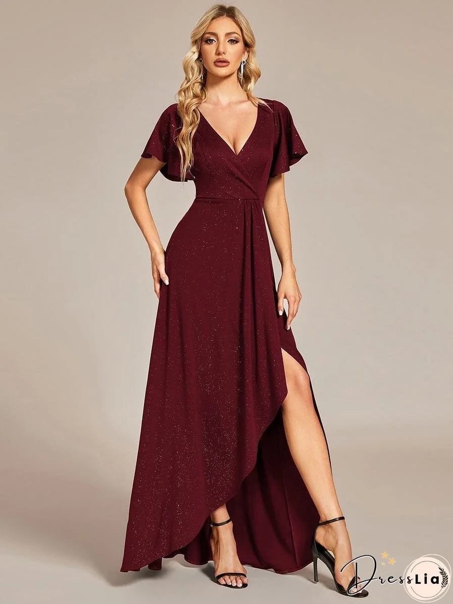 Ruffled Sleeve Tea Length Evening Dress with Side Split