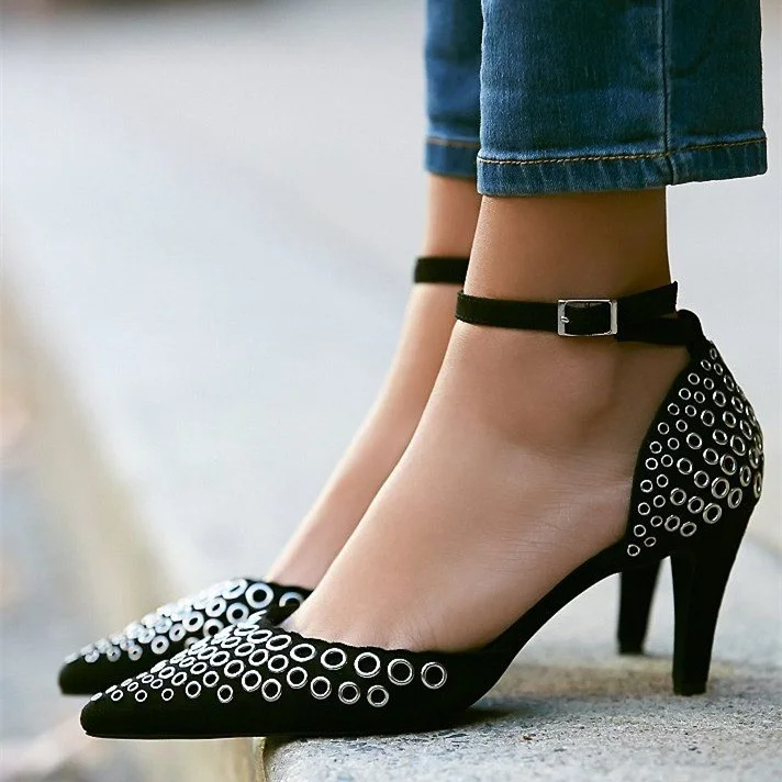 Black Pointy Toe Ankle Strap Pumps with Pencil Heel Vdcoo