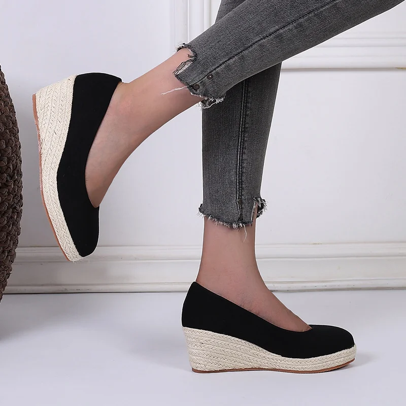 Wongn Wongn And Autumn Slope With Thick Bottom High Heel Round Head Shallow Single Shoes Women Grass Hemp Rope Bottom