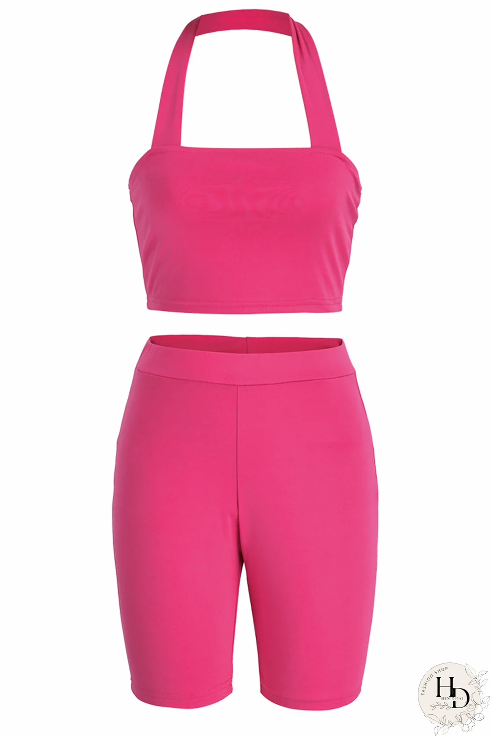 Rose Red Casual Solid Patchwork Halter Sleeveless Two Pieces