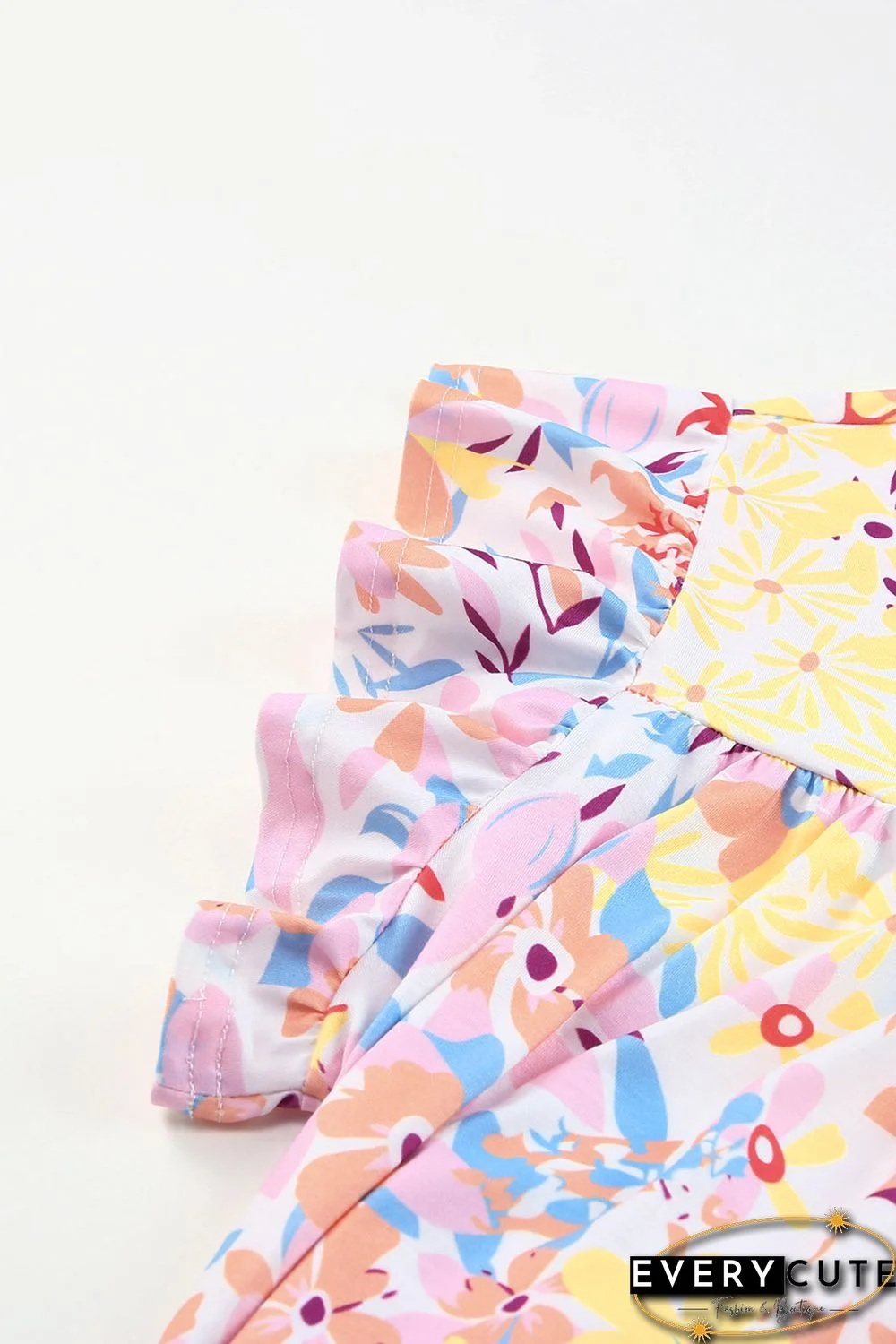 Multicolor Floral Print Ruffled Short Sleeve Plus Size Dress