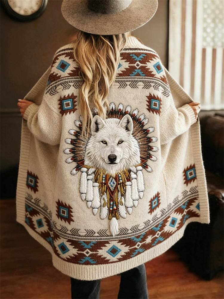 Vintage Wolf Indian Feathers Western Aztec Cozy Knit Cardigan wearshes