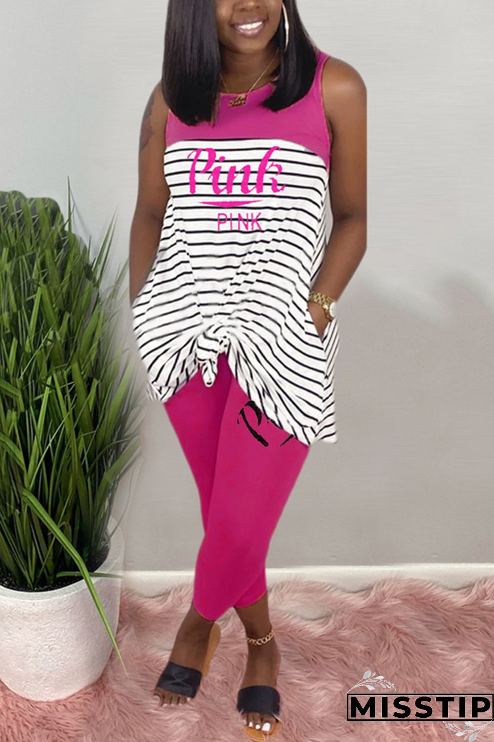 Pink Fashion Casual Striped Letters Printing Sleeveless Set
