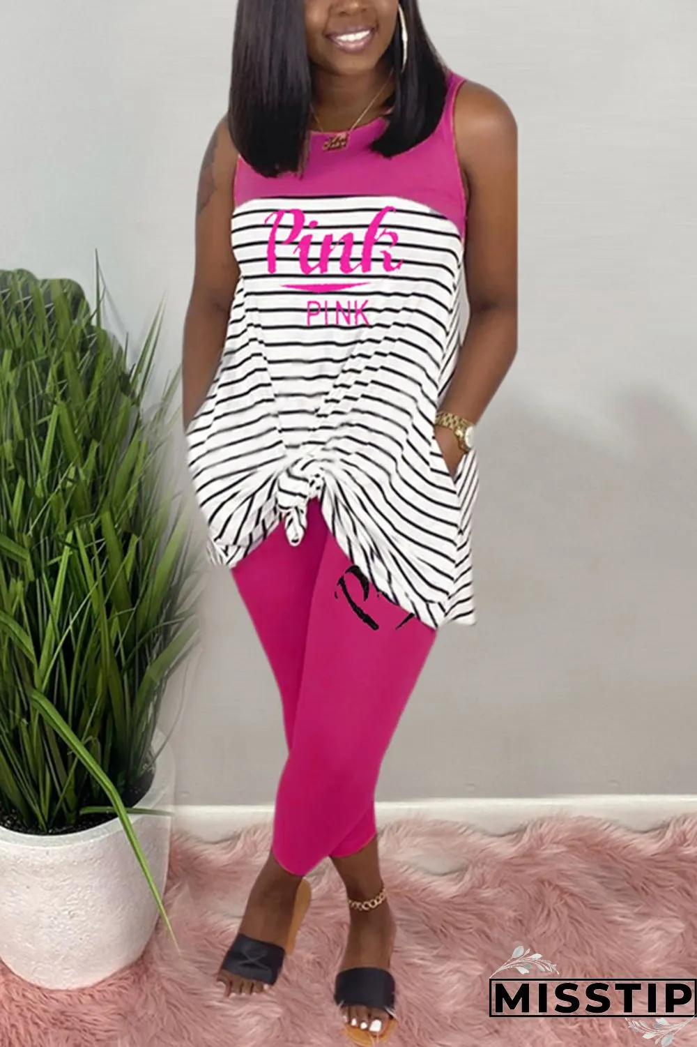 Pink Fashion Casual Striped Letters Printing Sleeveless Set
