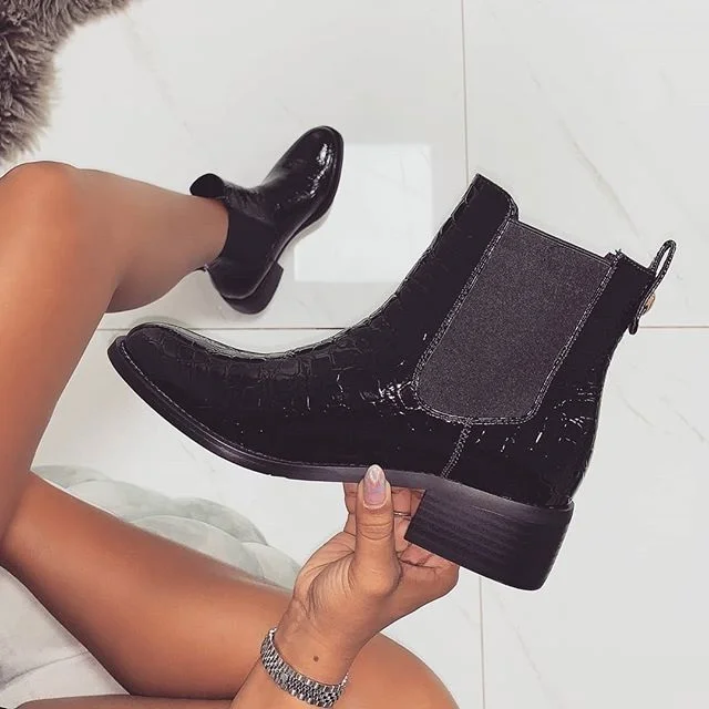 Black Chunky Heel Chelsea Booties Round Toe Ankle Boots |FSJ Shoes
