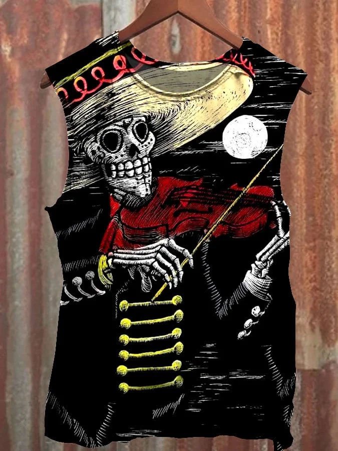 Unisex Vintage Skull Cowboy Art Print Casual Vest