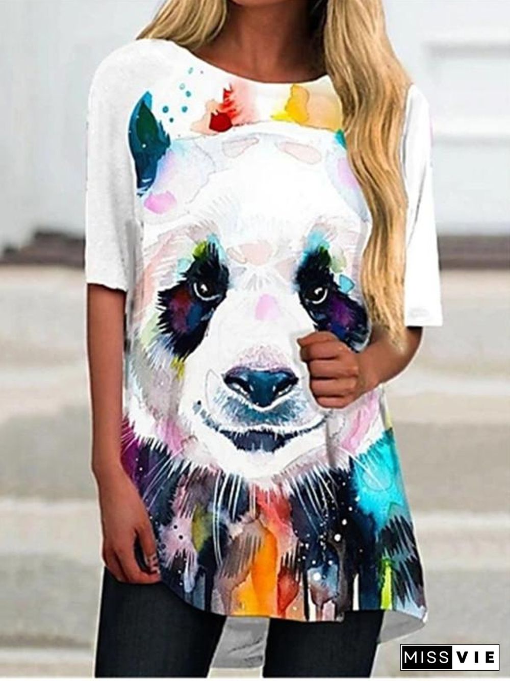 Women Short Sleeve Scoop Neck Animal Print Top