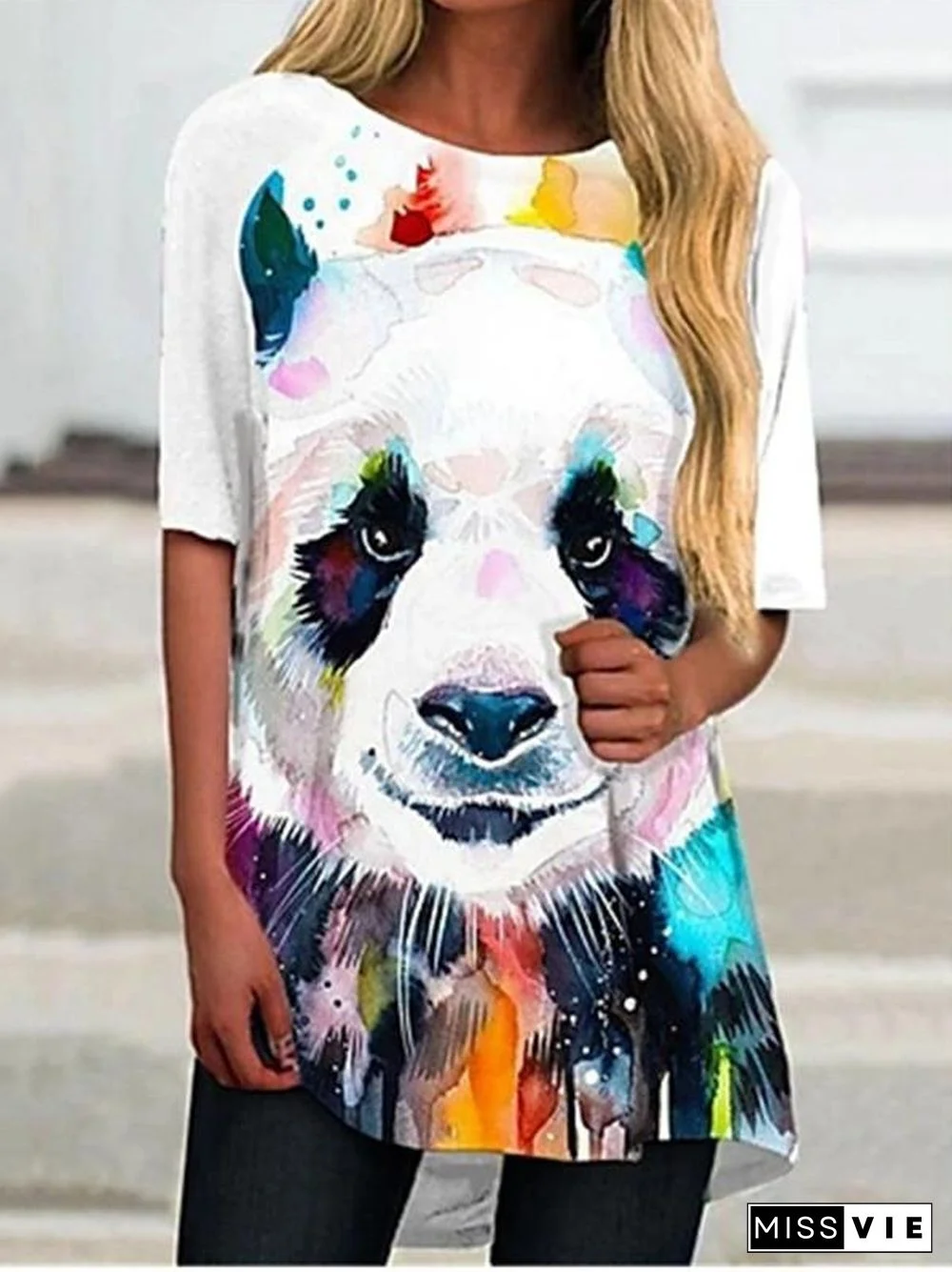 Women Short Sleeve Scoop Neck Animal Print Top