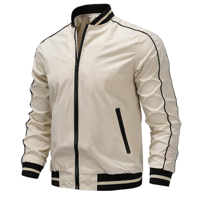 Rogoman Men's Solid Color Full Zip Casual Bomber Jacket With Contrasting Color Details
