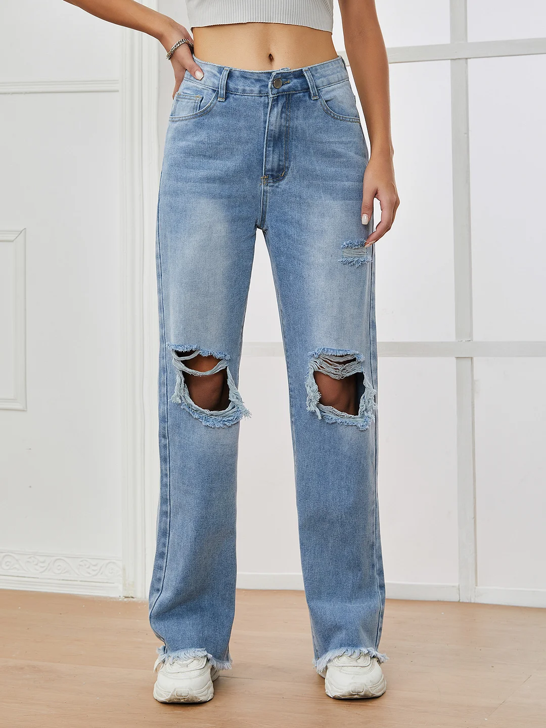 Women's High Waist Ripped Straight Denim Jeans