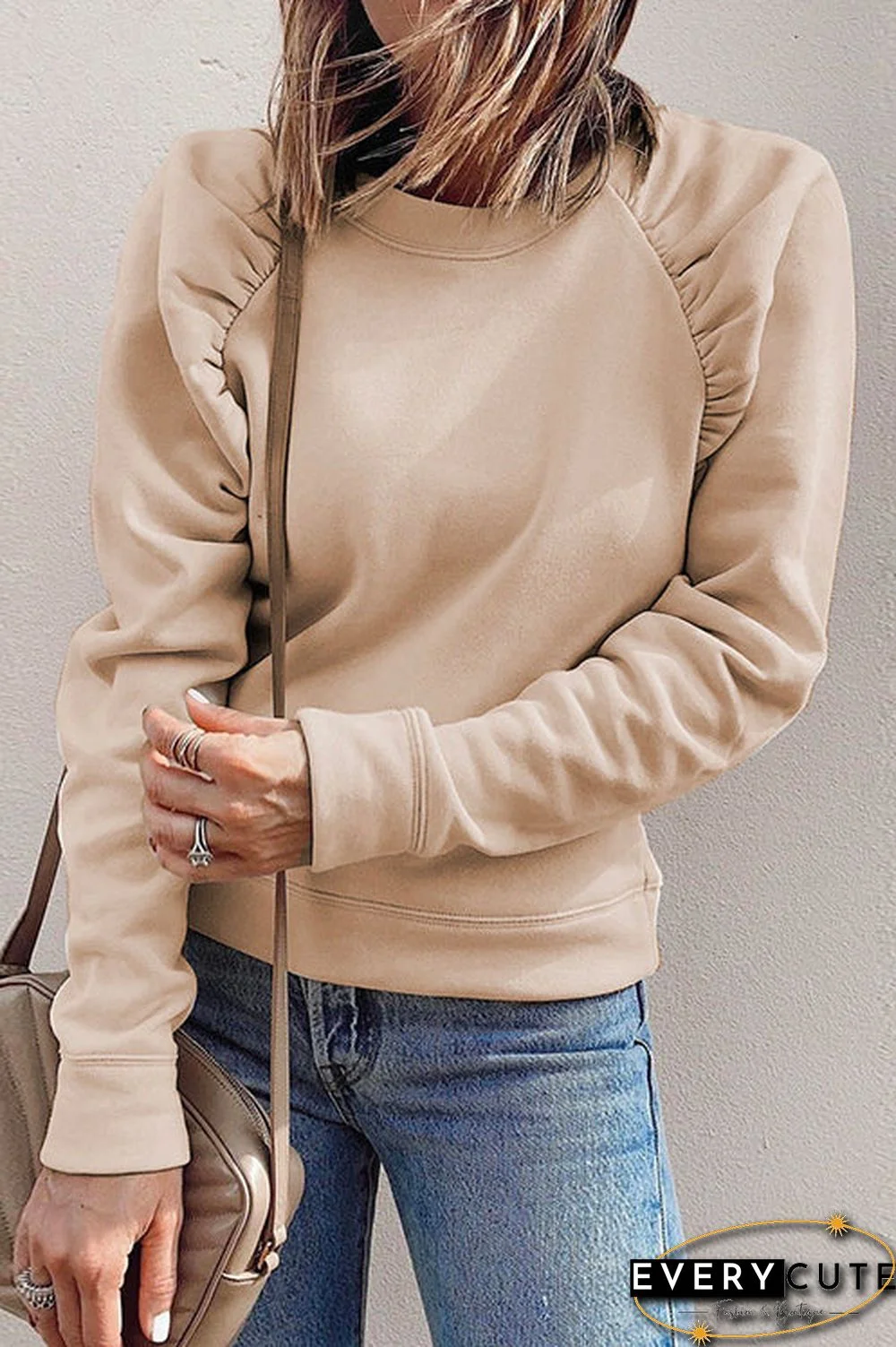 Crewneck Puff Shoulder Solid Sweatshirt