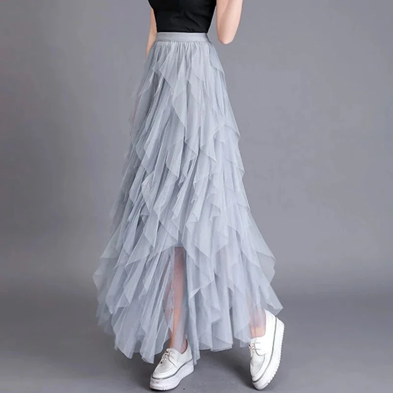 Budgetg Elastic Black Tulle Skirts Women 2023 Elegant High Waist A Line Casual Faldas Korean Style Pink Y2k Long Pleated Skirt