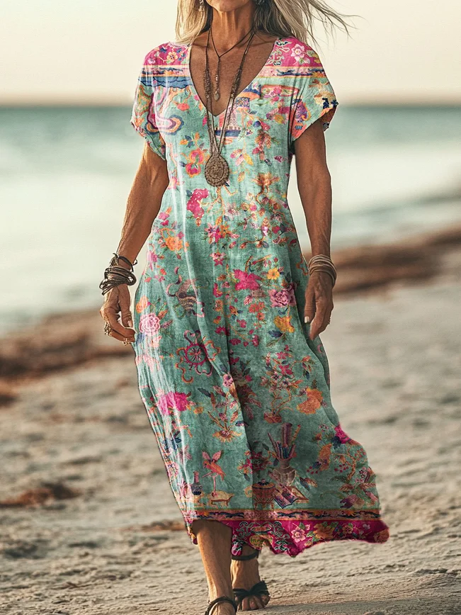 Women's Vintage Ethnic Floral Art Print Short Sleeve Pocket Cotton Linen Dress