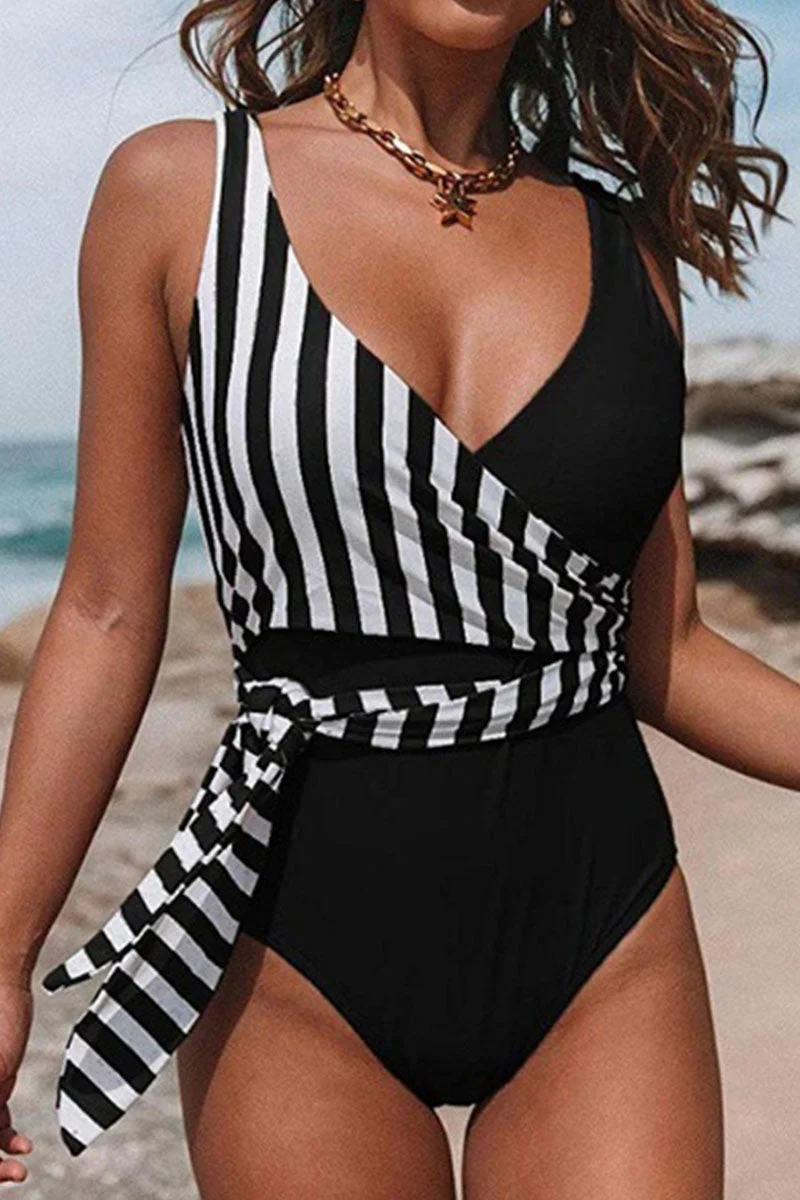 Sexy Striped Print Bandage Split Joint Swimwears