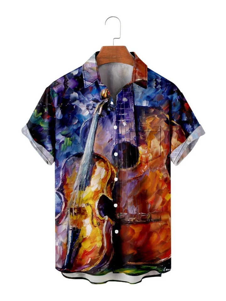 Men's Summer Short-sleeved Shirt Oil Painting Music Guitar Holiday Men's Short-sleeved Shirt S,M,L,XL,XXL,XXXL,XXXXL