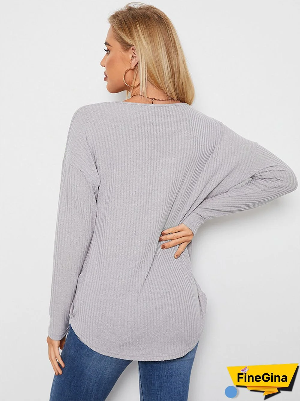 Solid Ribbed Cross Wrap V-neck Long Sleeve Loose Casual T-shirt