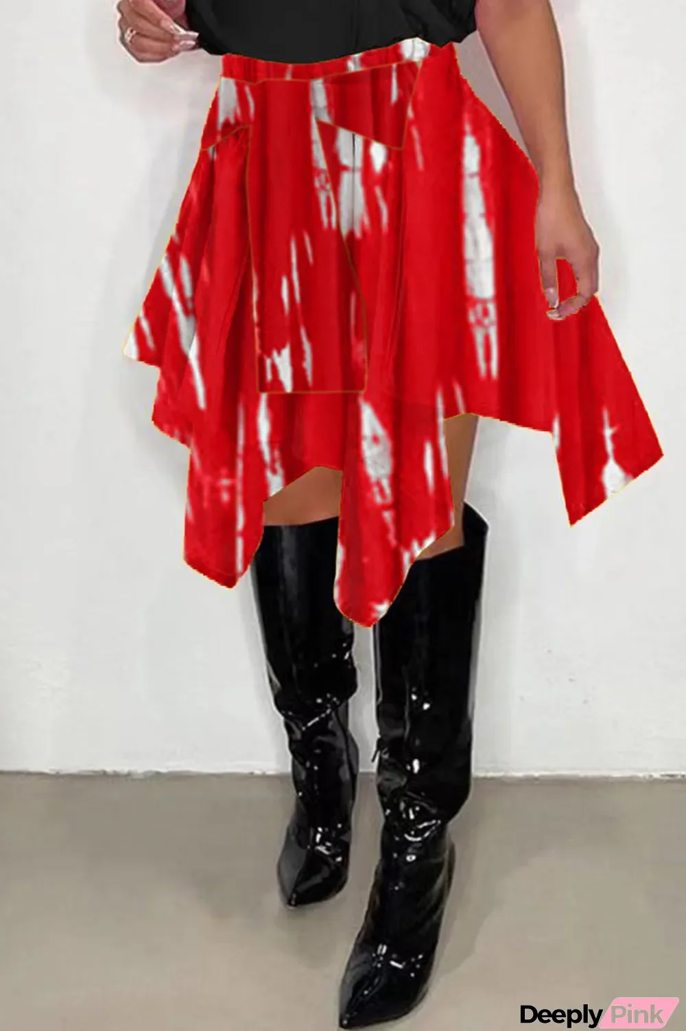 Red Fashion Casual Print Asymmetrical Regular High Waist Skirt