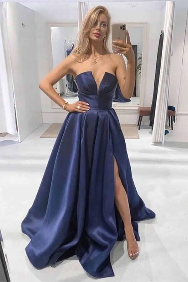 Luluslly V-Neck Sleeveless Navy Blue Prom Dress With Slit