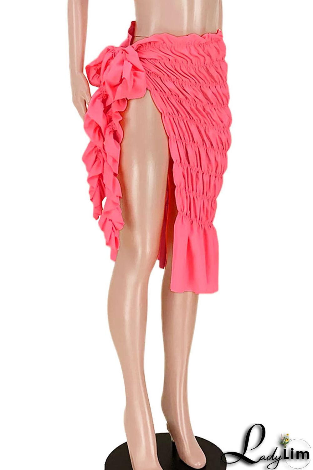 Fluorescent Pink Sexy Street Solid Split Joint Fold Mid Waist Straight Solid Color Bottoms