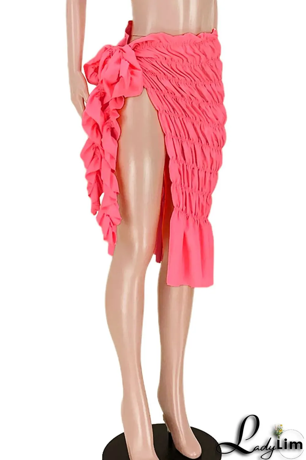 Fluorescent Pink Sexy Street Solid Split Joint Fold Mid Waist Straight Solid Color Bottoms