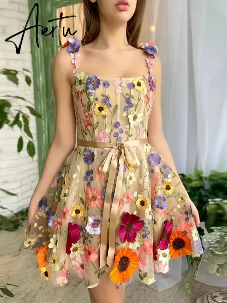 Aiertu 3D Flower Tulle Square Neck Mini Sling Dress Female Backless A-line Gown Short Vestidos Women Chic Evening Cocktail Party Robes Aiertu