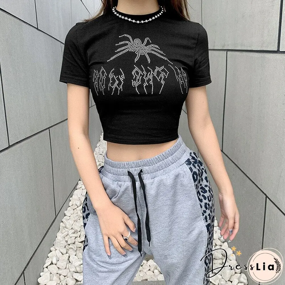 New Summer Embroidered Bead Pattern Tops Women's T Shirt Navel Dress With Women's Y2k Tops