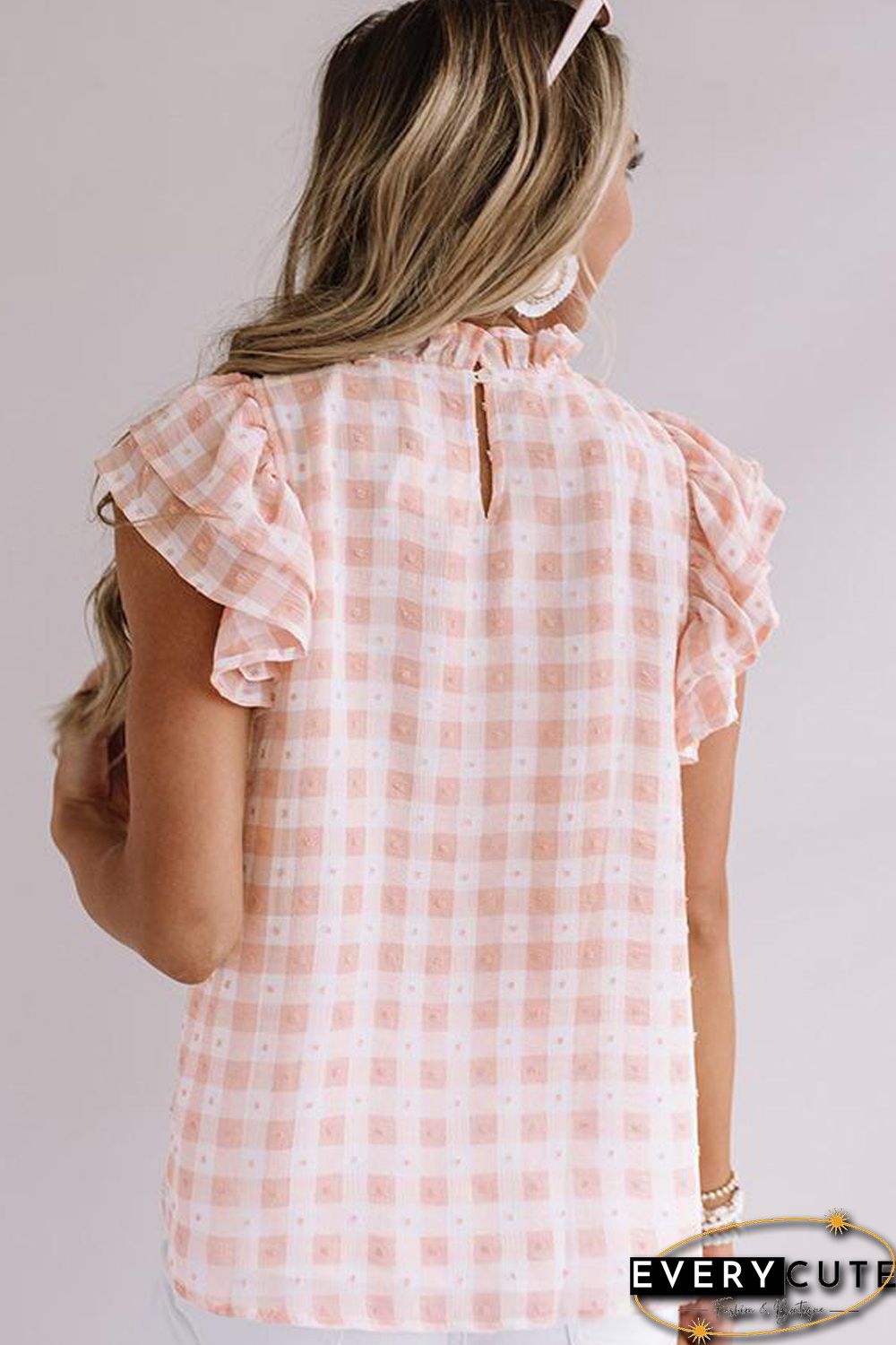 Pink Plaid Ruffled Short Sleeves Tee