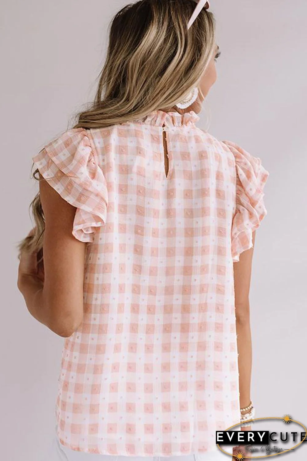Pink Plaid Ruffled Short Sleeves Tee