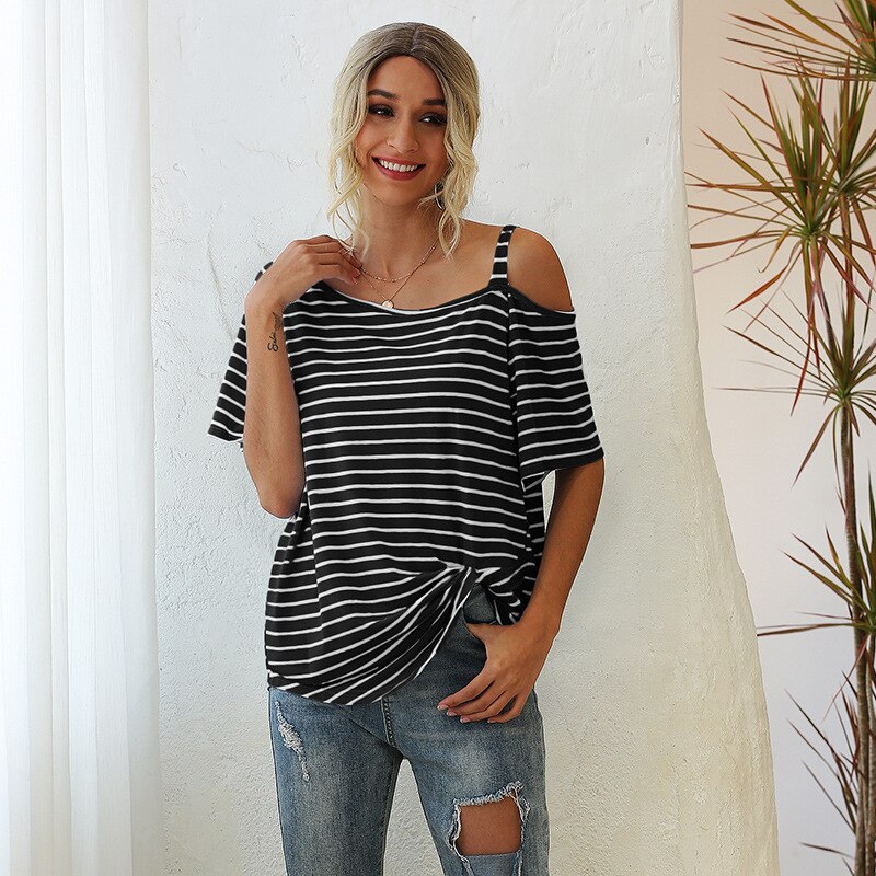 Women's Summer T-shirt Sexy Strapless Strap Fashion Striped Loose Oblique Neck Twist Short Sleeve T-shirt 2021 T Shirt Femme