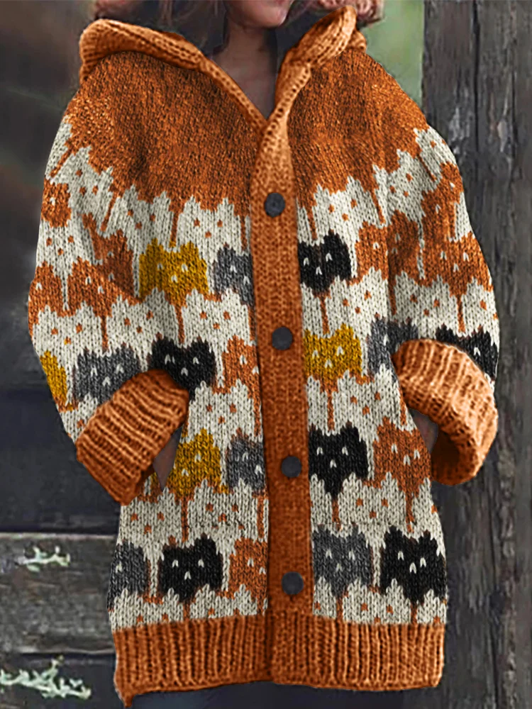 Lovely Colorful Cats Knit Art Cozy Hooded Cardigan