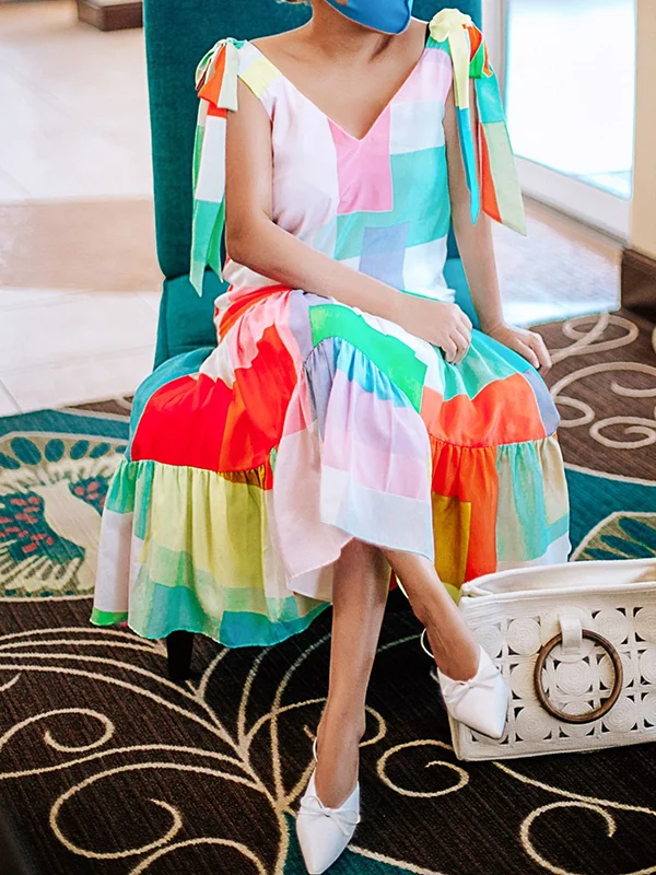 Color-Block Plain Loose Sleeveless V-Neck Maxi Dresses