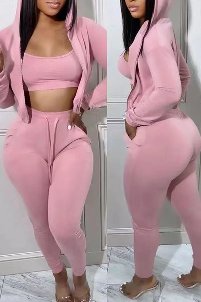 Pink Casual Solid Patchwork Hooded Collar Long Sleeve Three Pieces