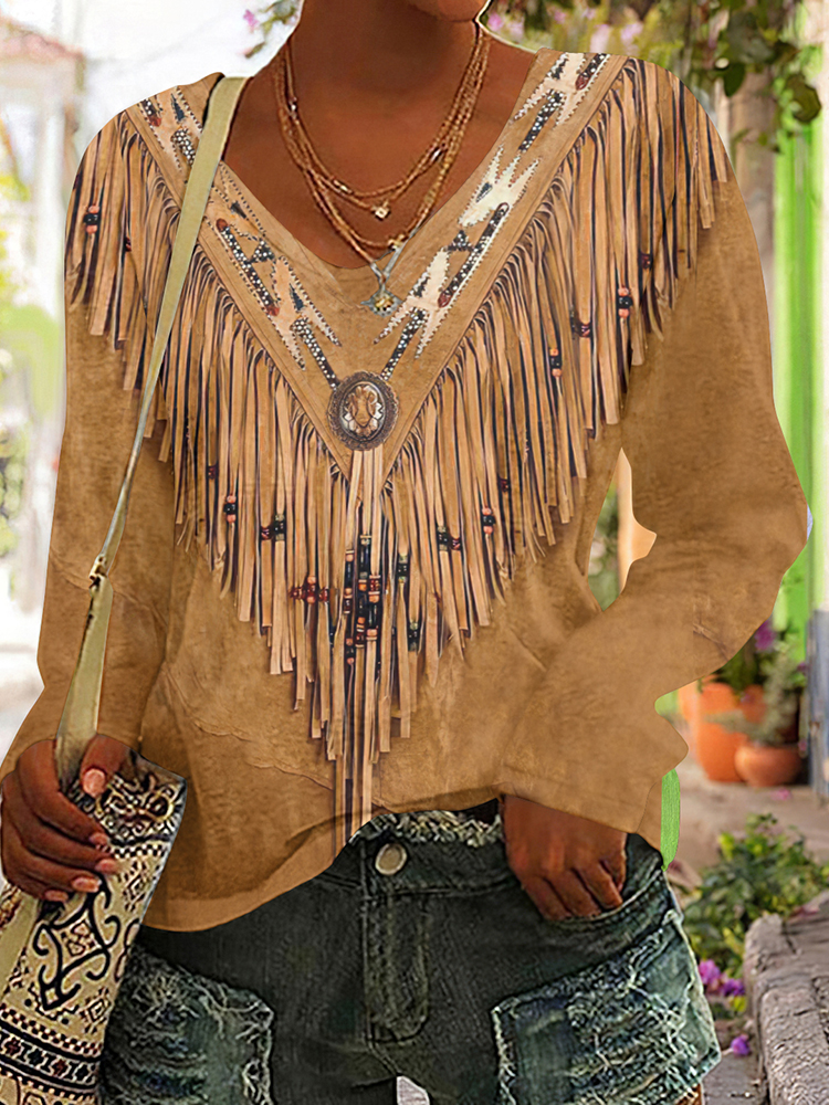 Comstylish Vintage Tassels Art V Neck Casual Long Sleeve T-Shirt