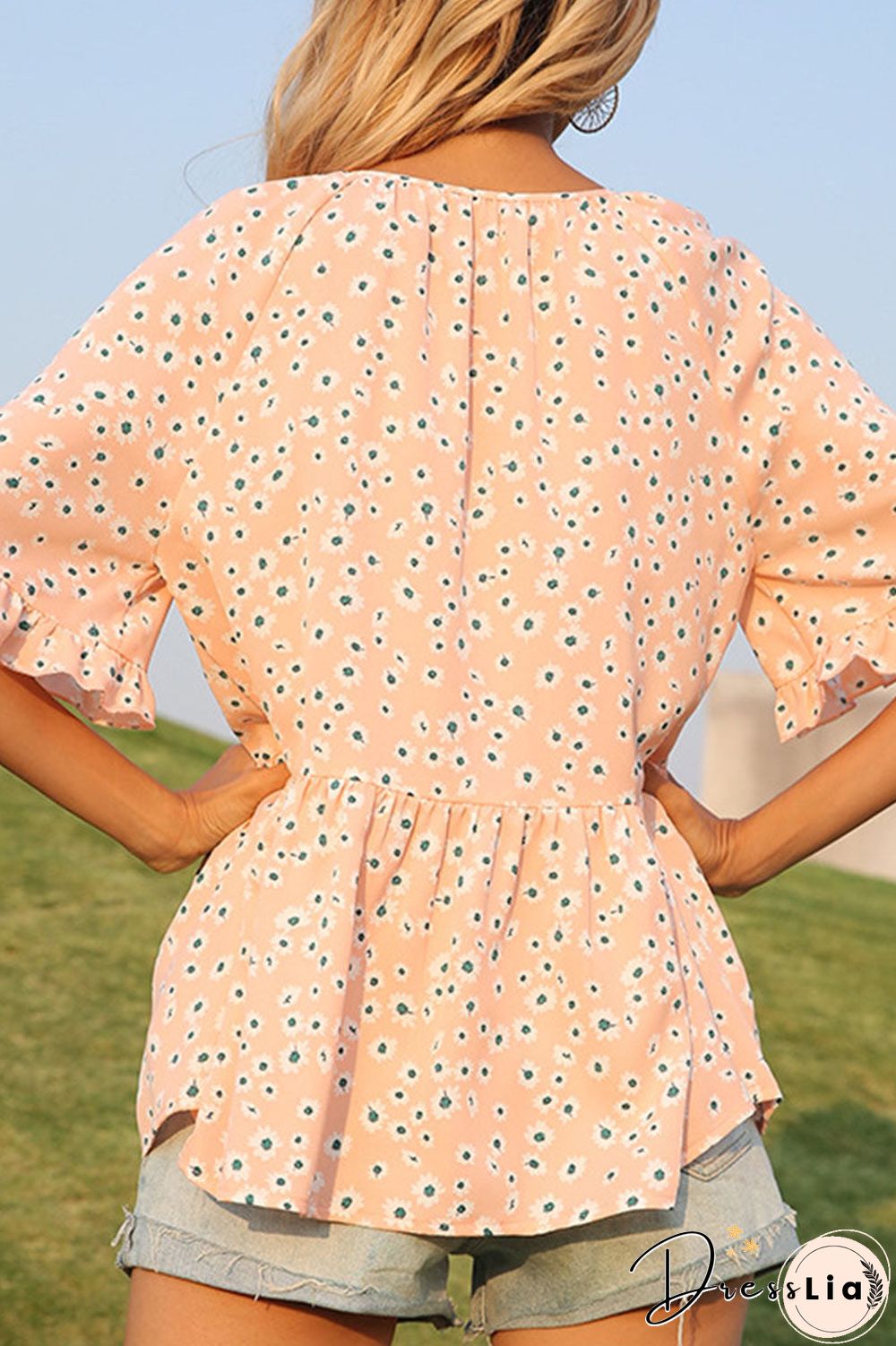 Fashion Sweet Print Split Joint V Neck Tops