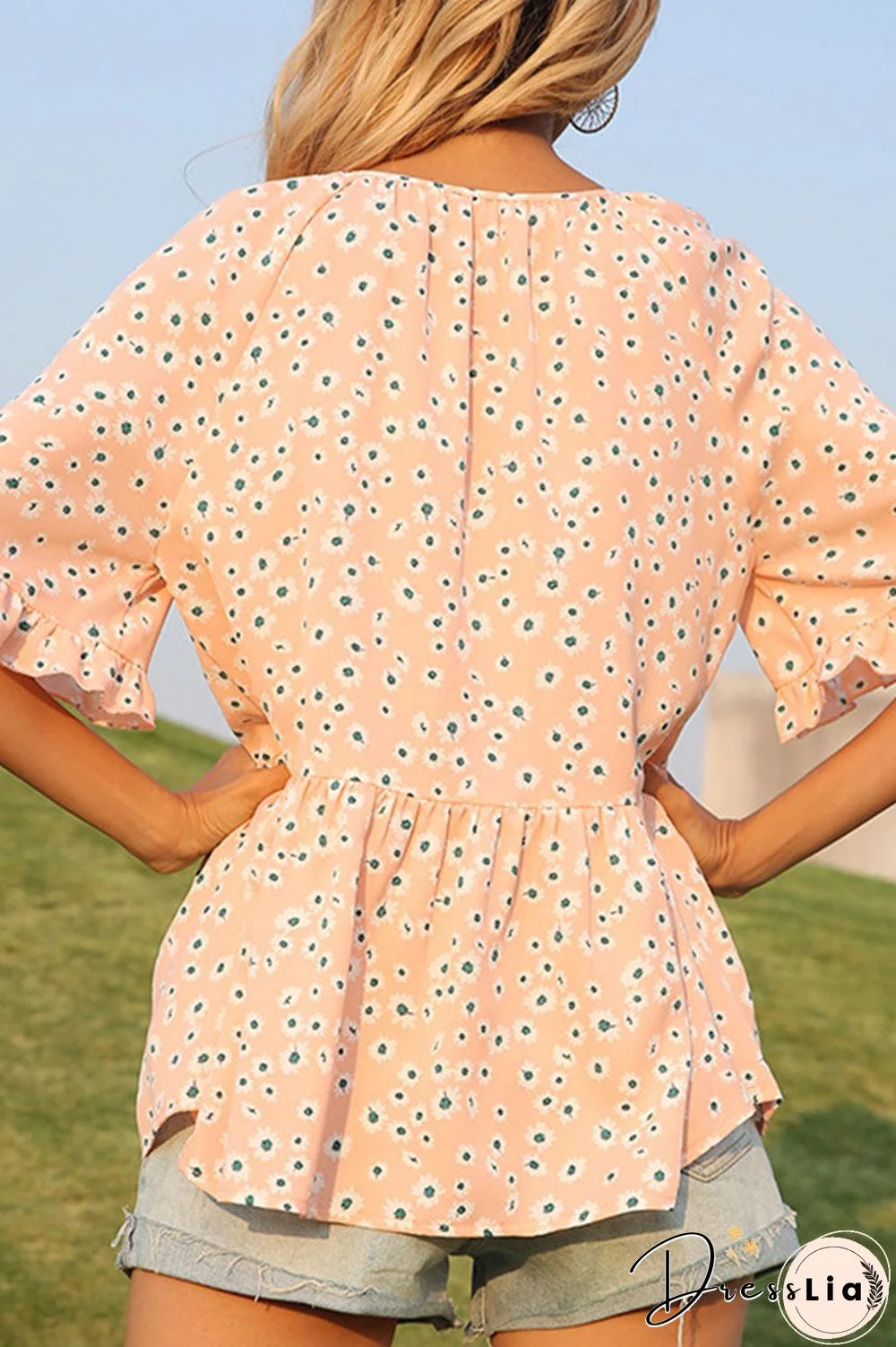 Fashion Sweet Print Split Joint V Neck Tops