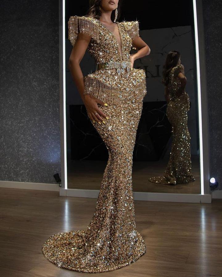 Promsstyle Gorgeous sequin tassel tie up waist maxi dress Prom Dress 2023