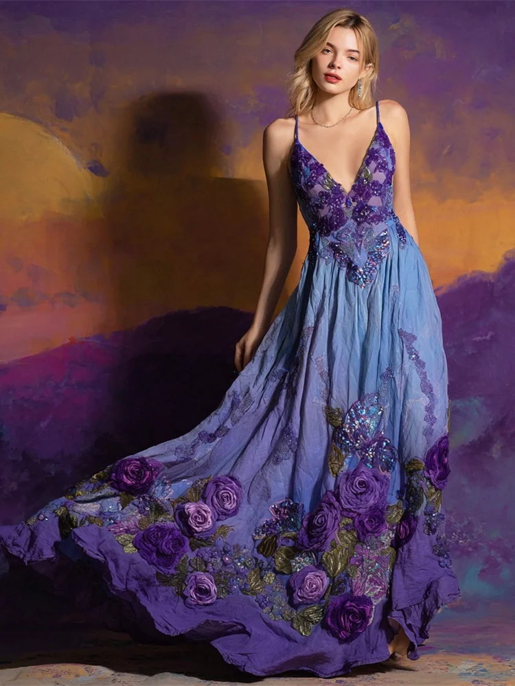 Boho Floral Embroidery Gradient Women's V-neck Spaghetti Straps Flowy Maxi Dress