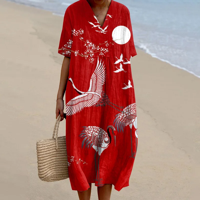 Women'S Vintage Crane Art Print V Neck Flowy Midi Dress