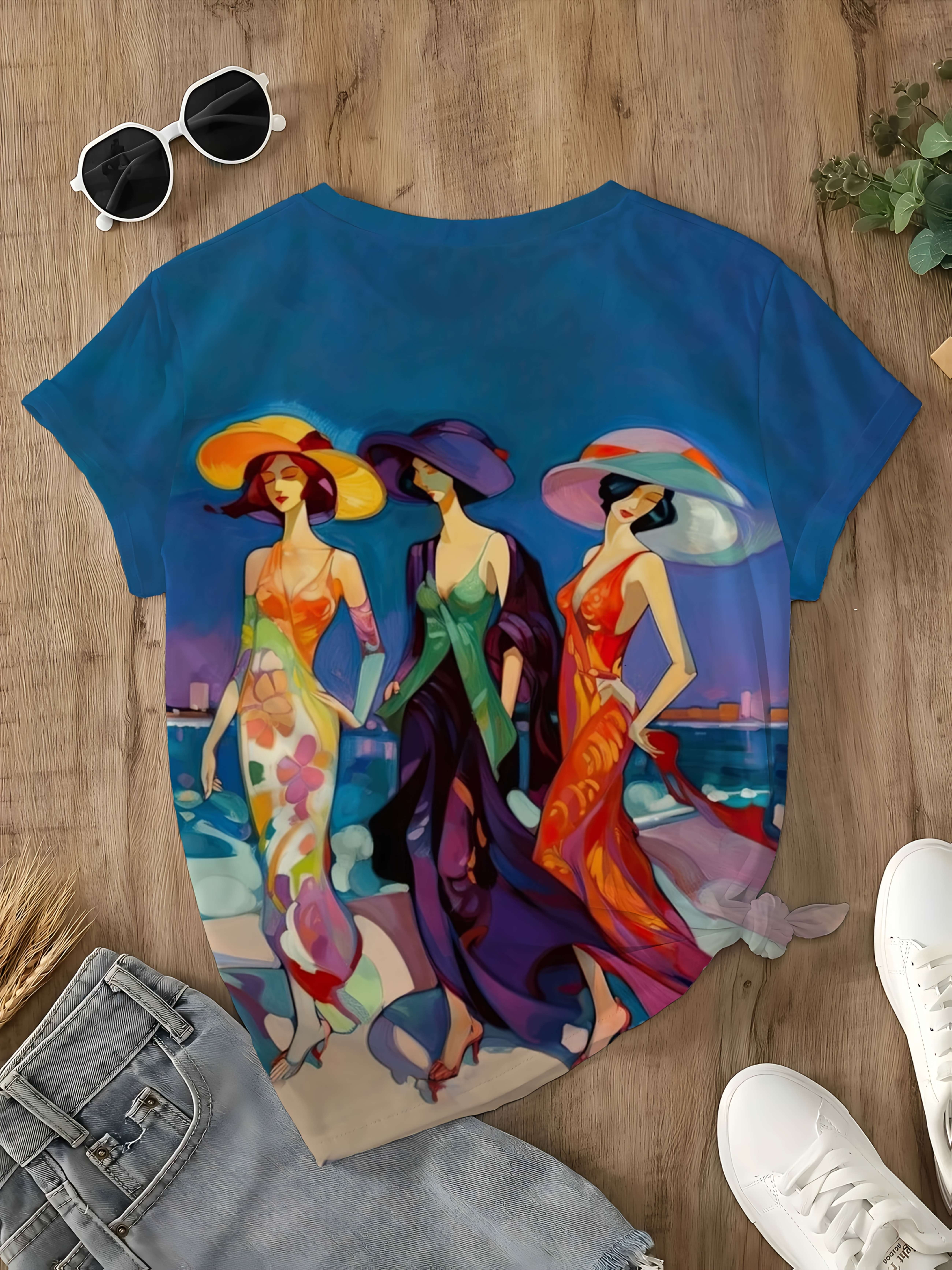 Women's Retro Abstract Art Print T-Shirt - Vibrant Three Women Silhouette Design, Soft Round Neck Short Sleeve, Machine Washable Casual Elegant Top For Spring Summer Fall, Stylish Blouse For Fashion Lovers, Ladies T Shirt | IFYHOME