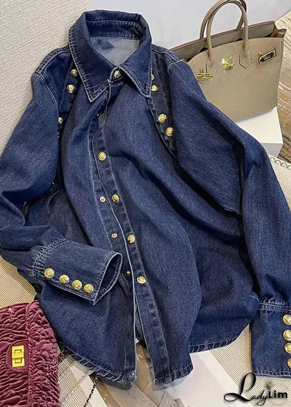 Handmade Dark Blue Peter Pan Collar Patchwork Pockets Button Denim Shirts Fall