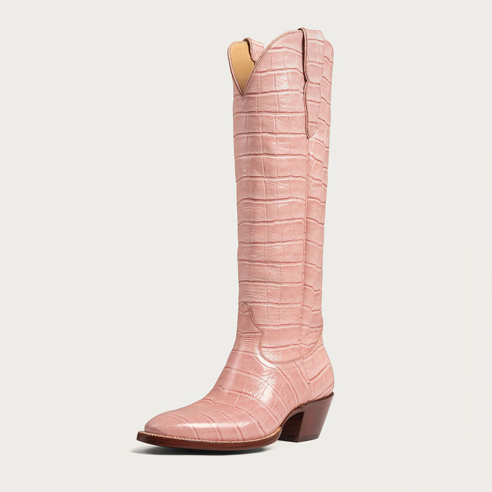 Embossed Low Block Heel Knee High Pink Cowboy Boots for Women Nicepairs