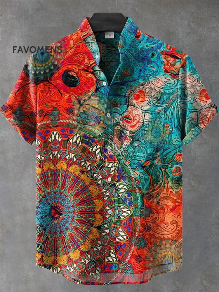 Vintage Indian Mandala Art Print Casual 100% Cotton Shirt Multicolor / S