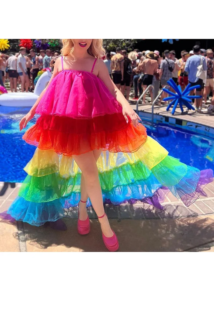 Ciciful Tulle Irregular Overlay Ruffles Rainbow Slip Tutu Dress