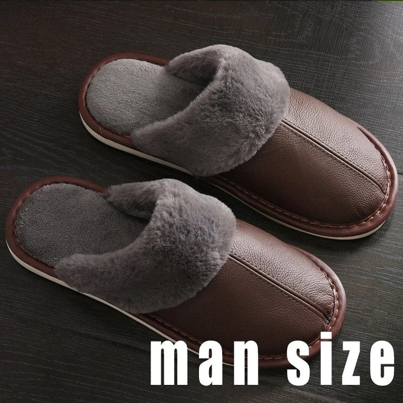 Men's Slippers Winter Genuine Leather Slippers for Men Warm Plush Slippers Large Size 45-46 Home Slippers Comfy House Shoes