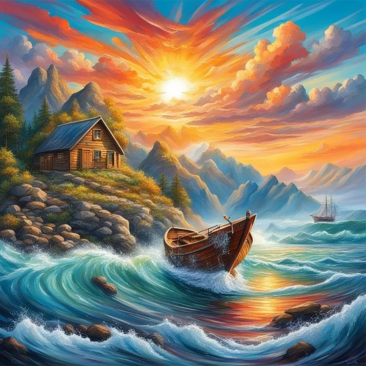 Rising Sun And Lonely Boat On The Sea 30*30CM (Canvas) Full Round Drill Diamond Painting gbfke