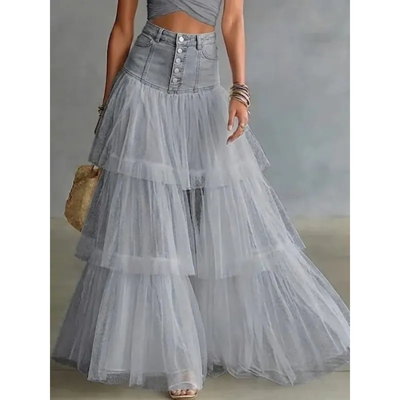 Women High Waist Denim Patchwork Tiered Tulle Maxi Skirt