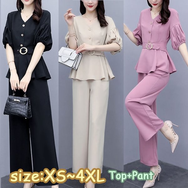 Lady's Suits New Summer Two-Piece Outfits Slinky Lantern Sleeve V-Neck Blouse Black Casual Office Wide-Leg Pants Workwear - Shop Trendy Women's Fashion | TeeYours