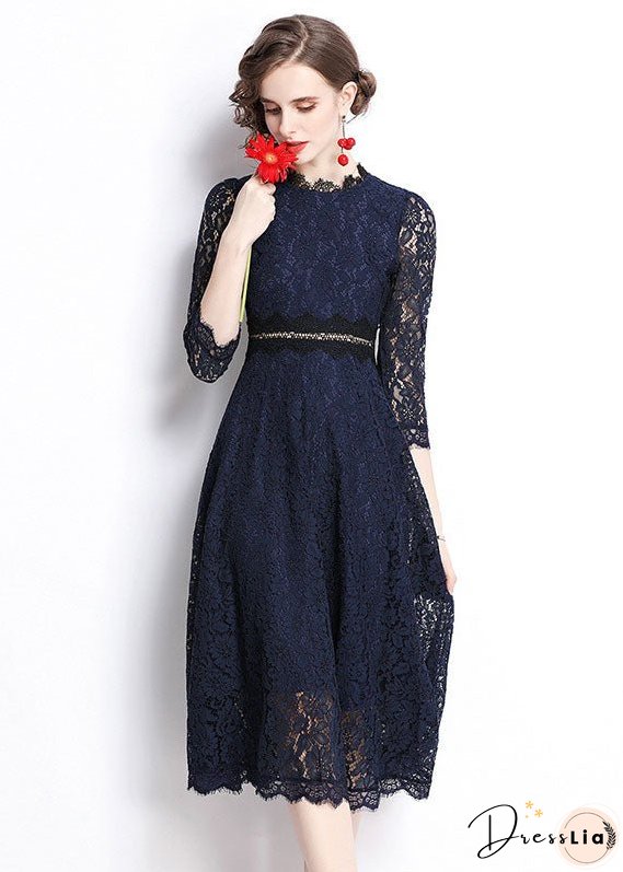 Modern Navy Embroideried Hollow Out Lace Long Dresses Bracelet Sleeve