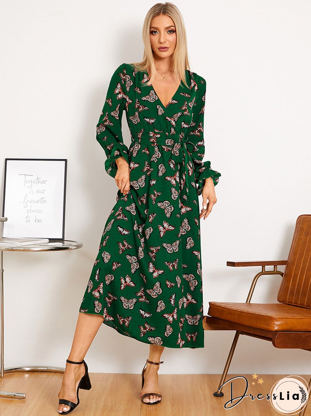 Butterfly Print Belt Long Sleeve V-neck Maxi Dress